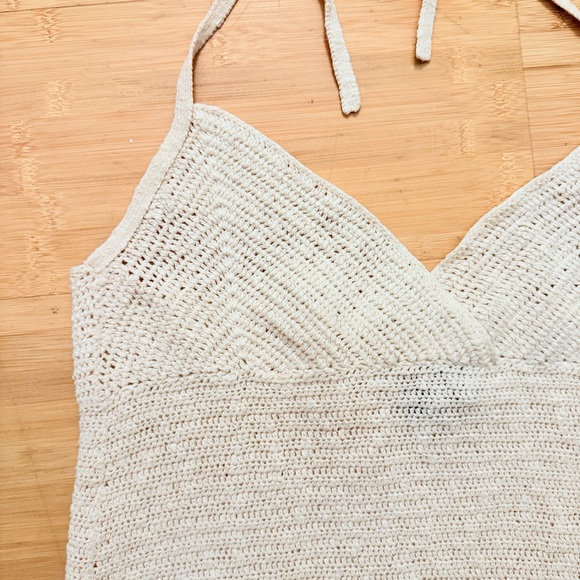 Theory Bergdorf Goodman Cream Open Knit Linen Cotton blend halter mini Dress - Picture 7 of 10